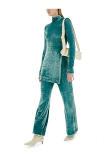 Teal velvet long sleeve turtleneck top and matching wide leg pants set by Jil Sander for women