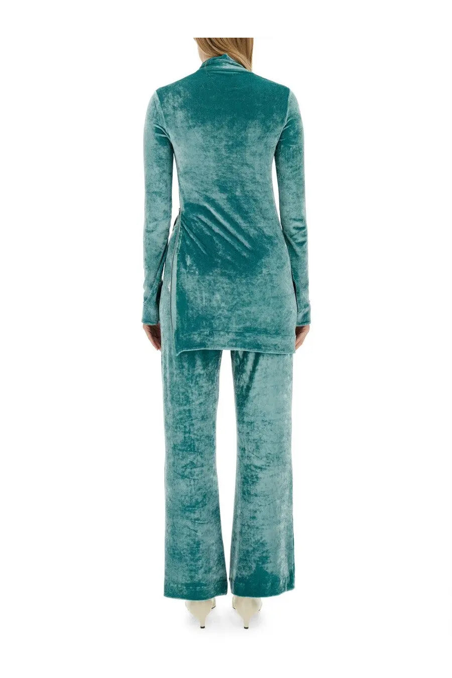Teal velvet two-piece suit with high collar and side slit top in jil sander womens long sleeve blue top style