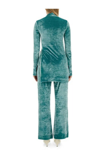 Teal velvet two-piece suit with high collar and side slit top in jil sander womens long sleeve blue top style
