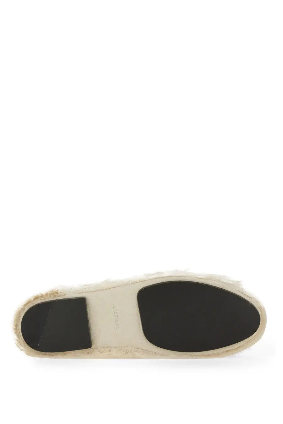 Cream-colored jil sander women’s low leather slipper with woven jute sole and black rubber heel grips shown from back