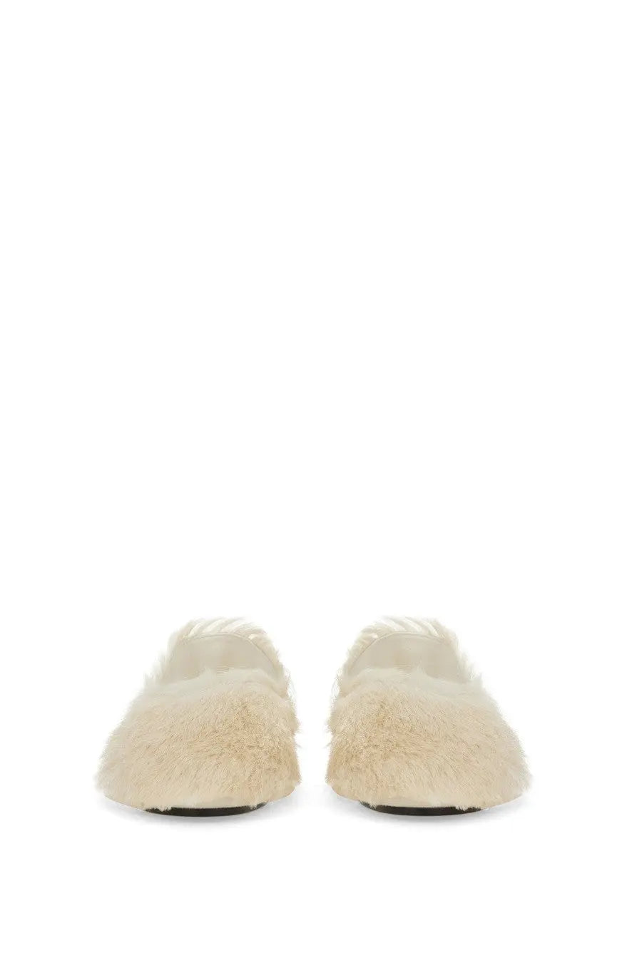 Cream-colored jil sander women’s low leather moccasin slippers with plush fluffy texture and quilted upper