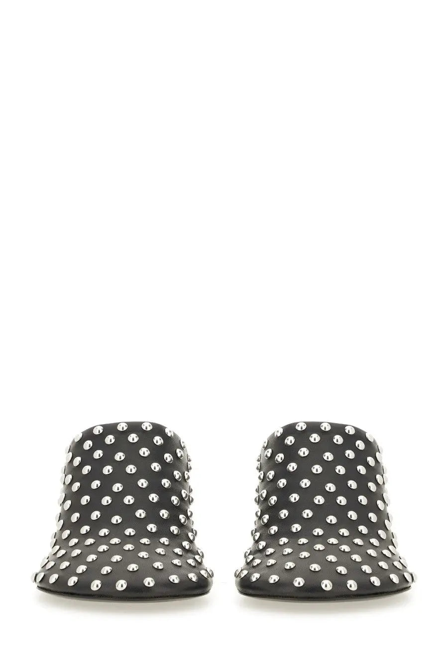 Black leather mules by Jil Sander featuring nappa leather and a dense pattern of silver studs in black