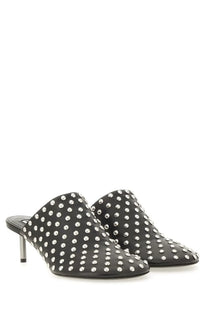 Jil Sander women’s black nappa leather mules with silver studs and slender metallic heel visible from the back side