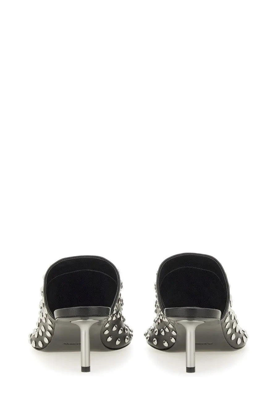 Jil Sander women’s black nappa leather mules with silver studs and sleek metallic heel shown from the back side