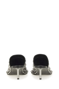 Jil Sander women’s black nappa leather mules with silver studs and sleek metallic heel shown from the back side