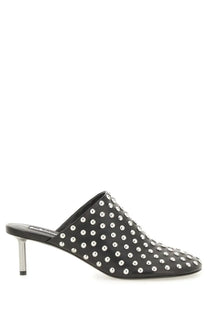 Black leather mule sandal with silver studs and metallic heel from Jil Sander womens nappa leather mules black collection