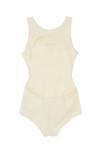 Cream-colored seamless one-piece swimsuit by Jil Sander with a rounded neckline and form-fitting design in white