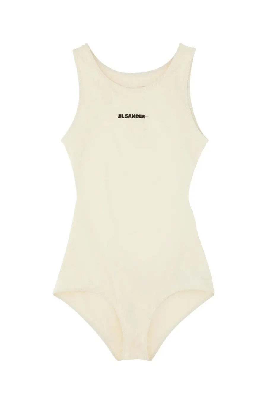 Cream-colored sleeveless one-piece bodysuit with black jil sander branding on chest for women