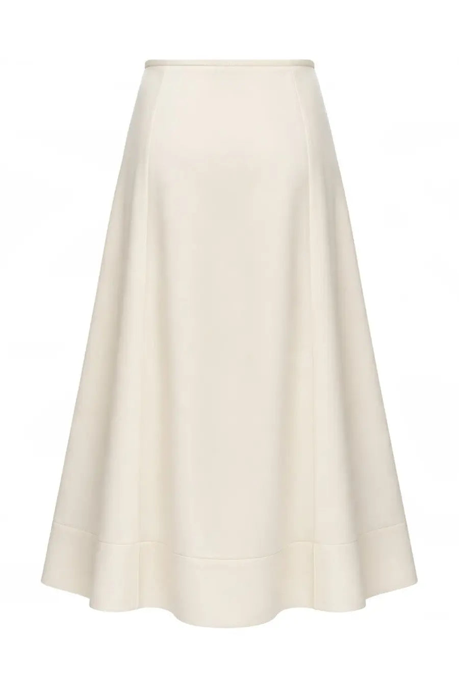 Cream-colored jil sander women’s satin high-waisted midi skirt with flowing silhouette and subtle pleats along the hem