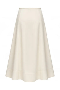 Cream-colored jil sander women’s satin high-waisted midi skirt with flowing silhouette and subtle pleats along the hem