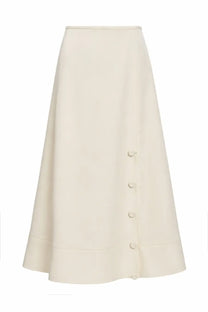 Cream-colored satin a-line skirt by jil sander with straight waistband and five matching front buttons in beige