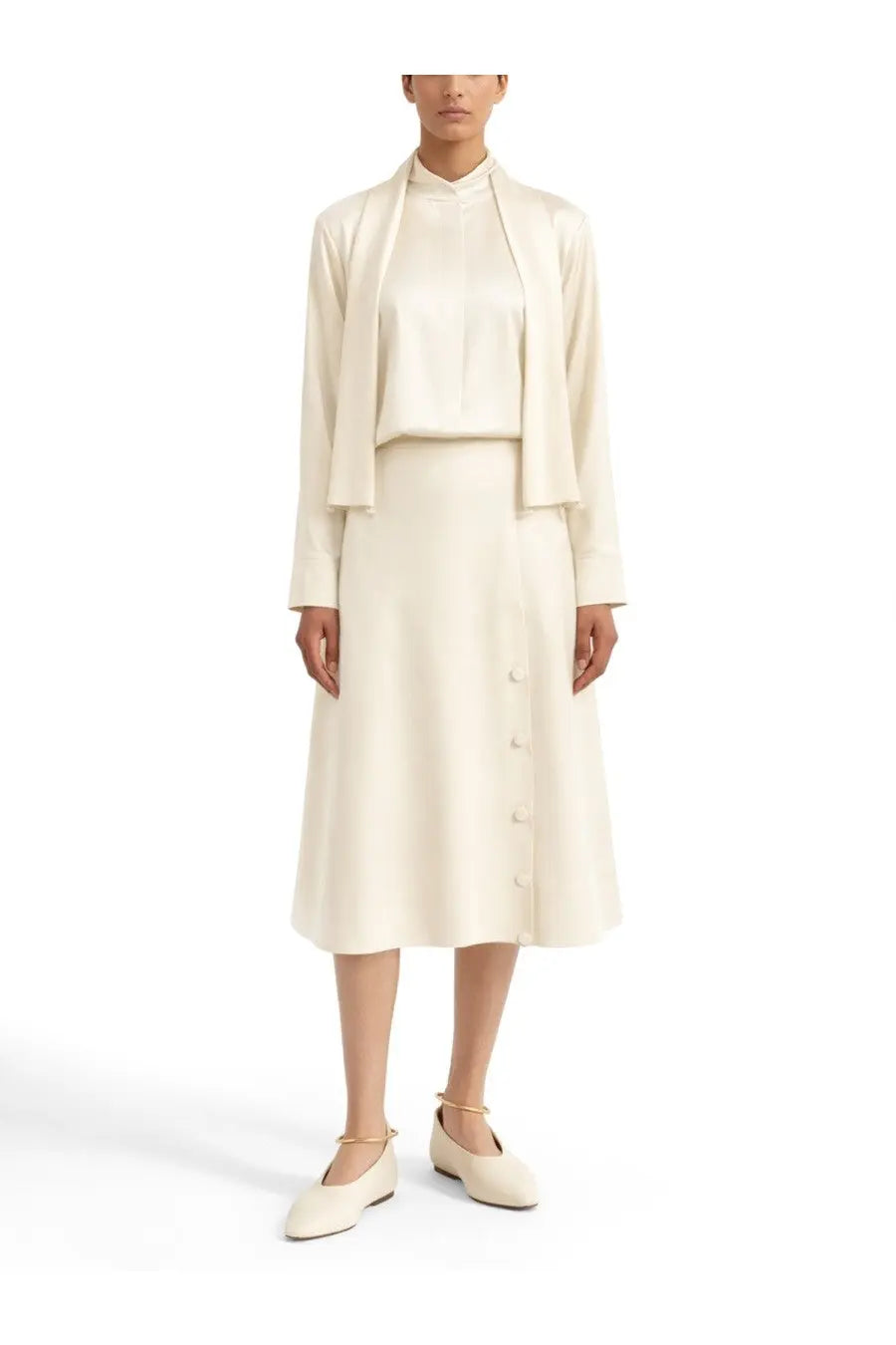 Cream-colored silk-blend midi skirt with button-front detail and flowing silhouette jil sander women’s satin skirt beige