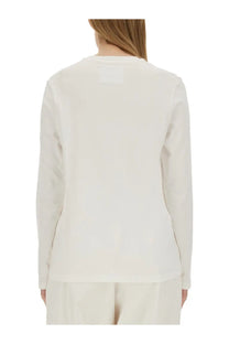 Jil Sander women’s minimalist off-white long-sleeved shirt with crew neckline and subtle fabric texture