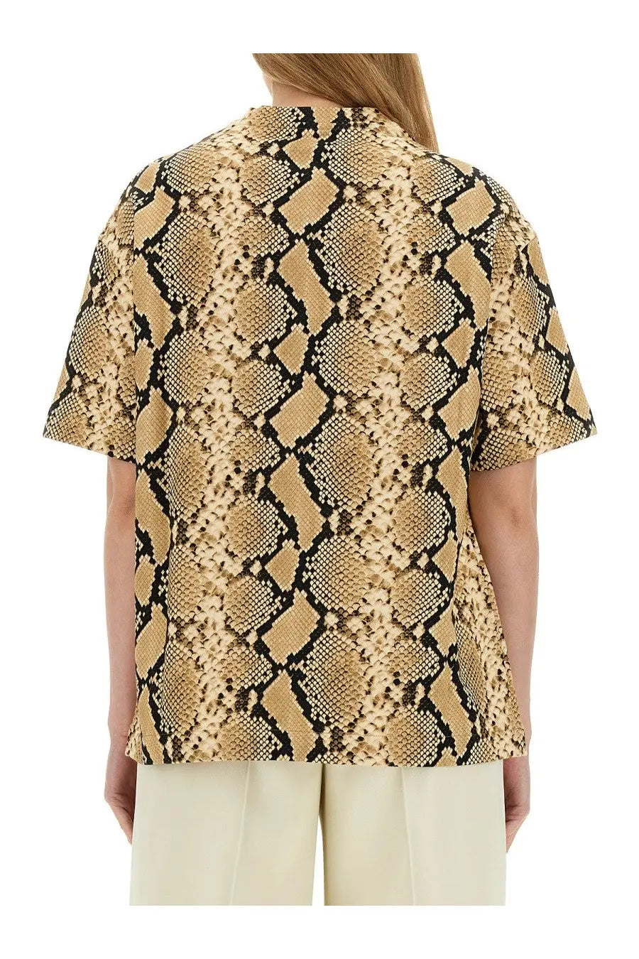 Jil sander women’s short-sleeved shirt with detailed tan and black snake skin print design