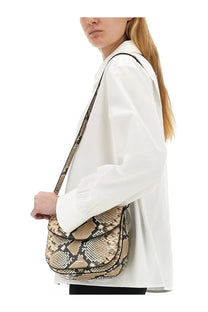 Beige and black snake-print leather crossbody bag with sleek minimalist design shown with jil sander women’s white shirt