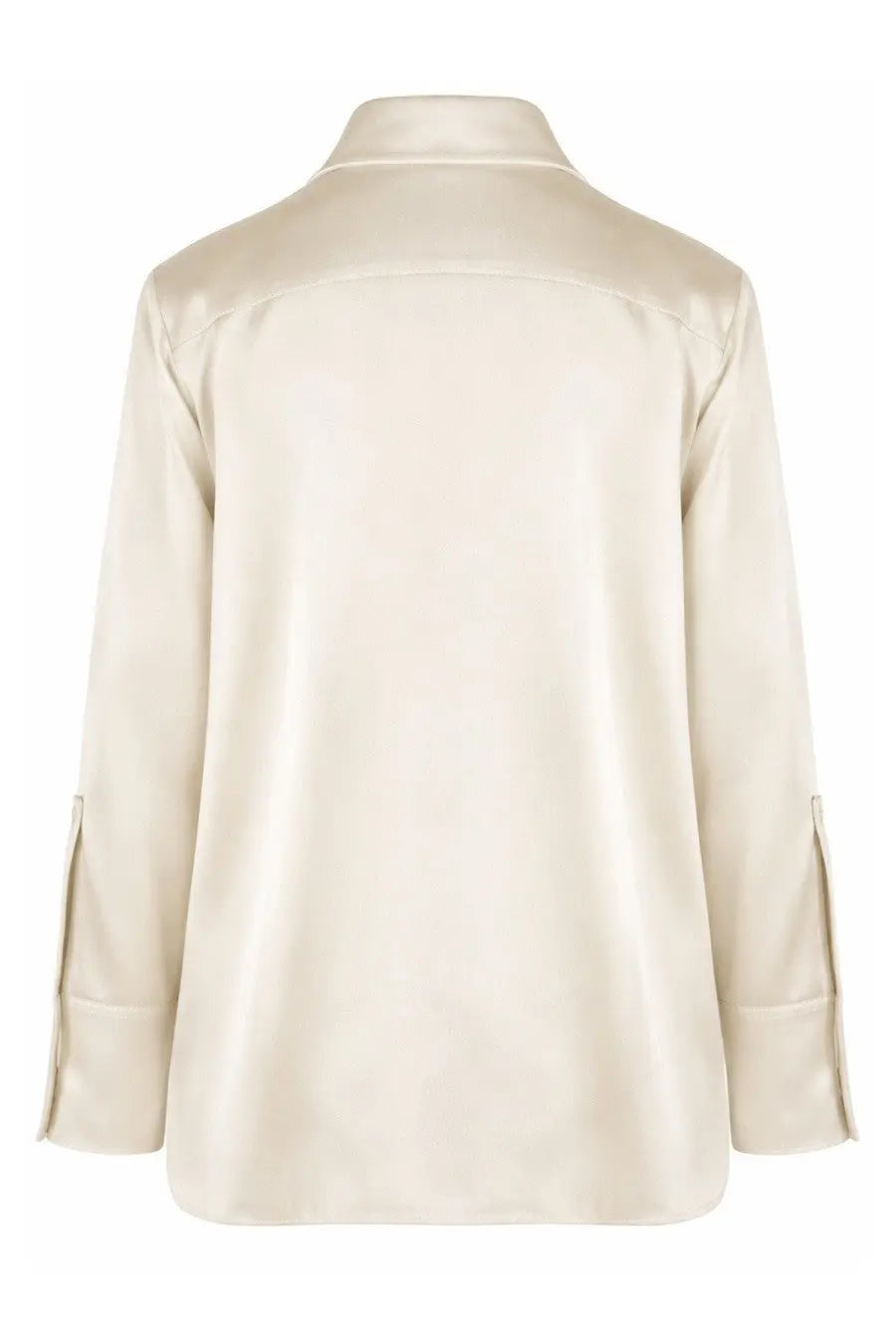 Cream-colored satin blouse by Jil Sander with classic collar and rolled cuffs for women’s elegant shirt style