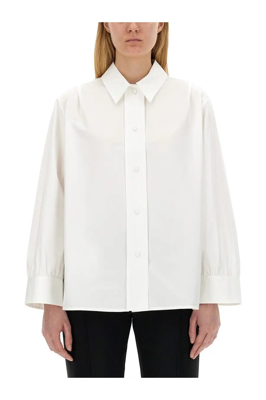 Jil Sander women’s white minimalist button-down blouse with crisp collar and long sleeves in white fabric