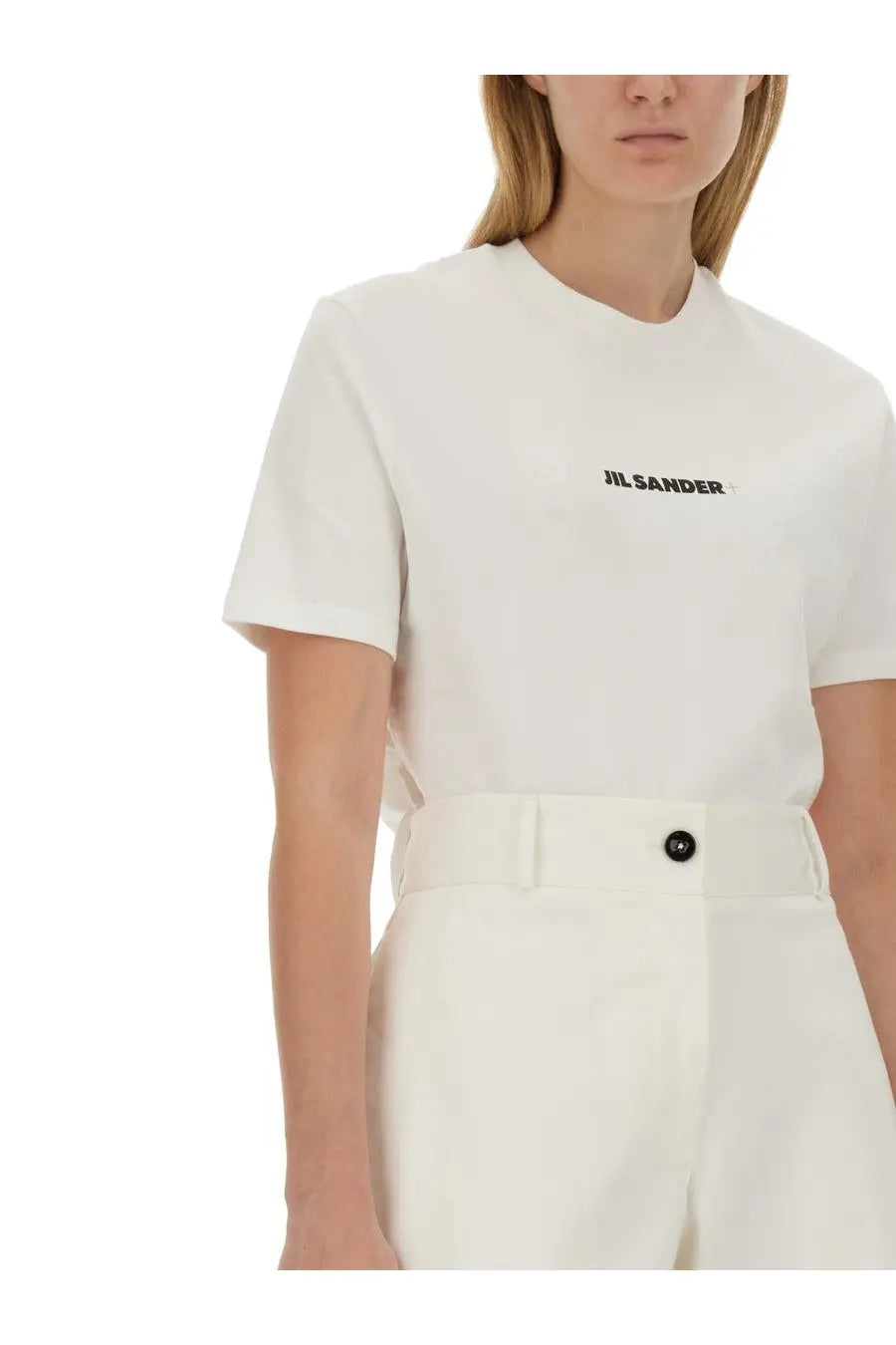 White jil sander women’s short-sleeved cotton t-shirt with black logo embroidered on the chest