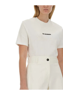 White jil sander women’s short-sleeved cotton t-shirt with black logo embroidered on the chest