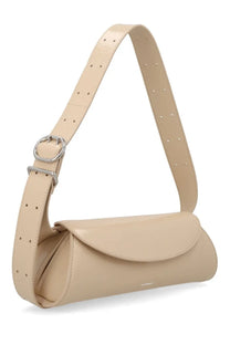 Jil Sander women’s small cannoli bag beige leather shoulder bag with sleek minimalist design and silver buckle