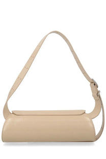 Beige leather jil sander women’s small cannoli shoulder bag with sleek minimalist design and adjustable strap