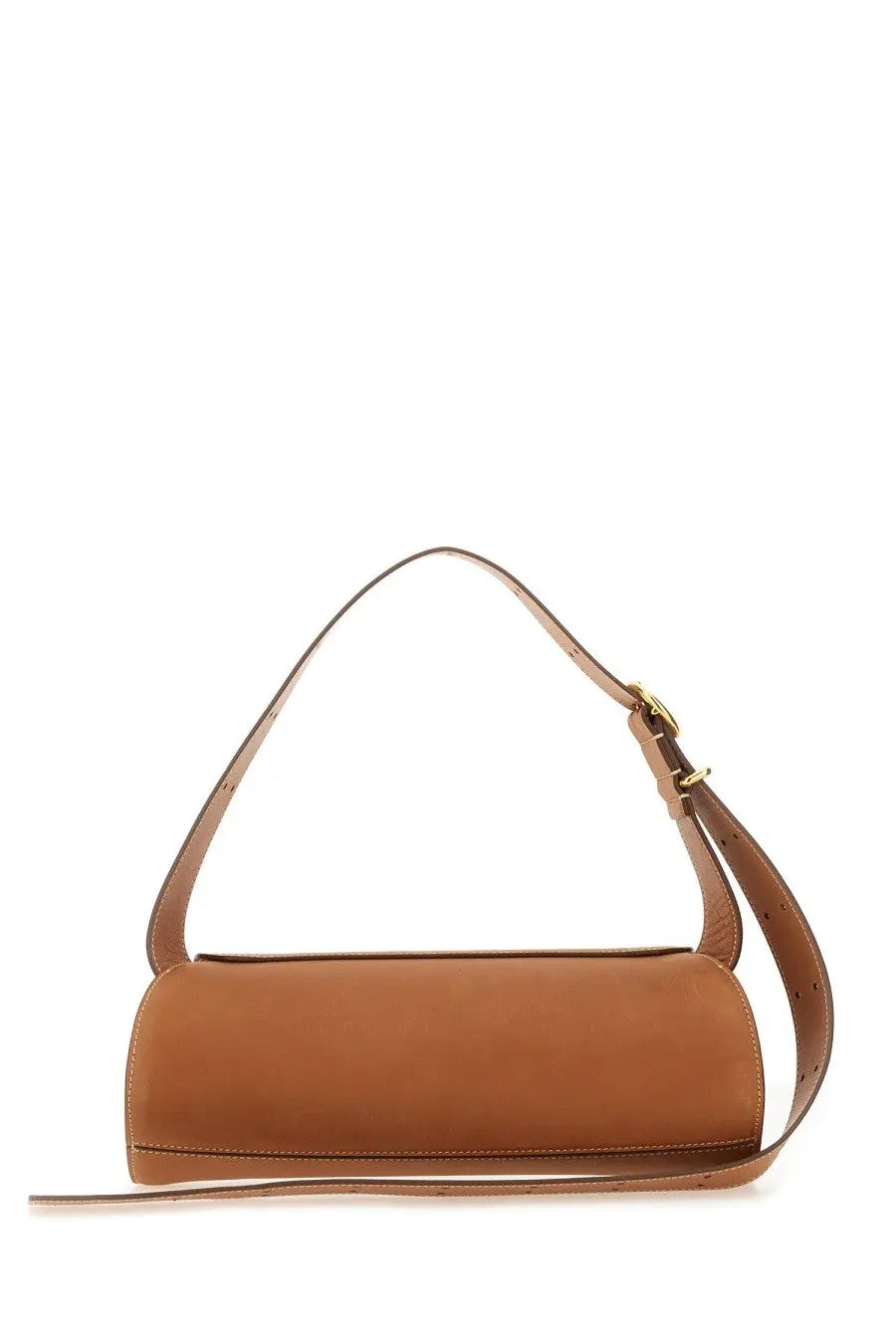 Jil Sander women’s small cannoli bag in tan leather with a cylindrical shape, slender adjustable strap, and gold-tone hardware