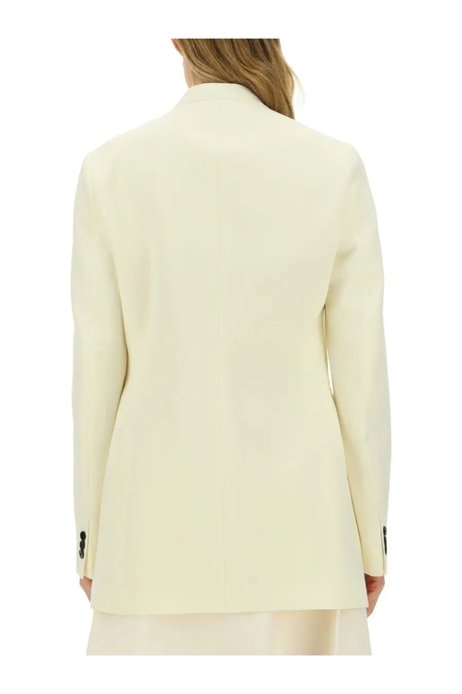Cream-colored tailored blazer with sleek minimalist design and black button cuffs for jil sander women’s jacket pink
