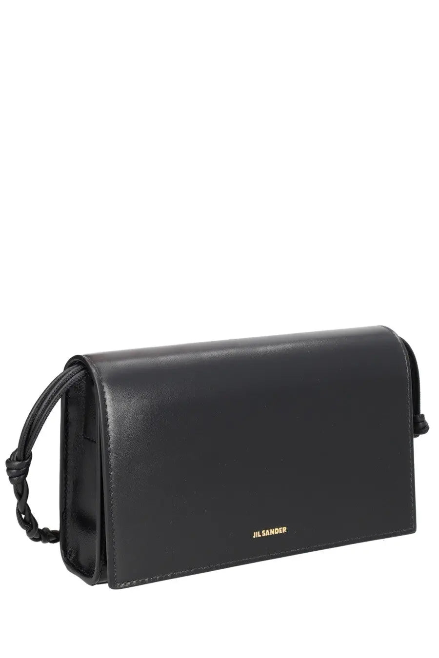Black leather jil sander clutch with braided strap and gold-tone branding in jil sander womens tangle wallet black