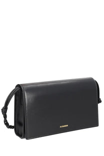 Black leather jil sander clutch with braided strap and gold-tone branding in jil sander womens tangle wallet black