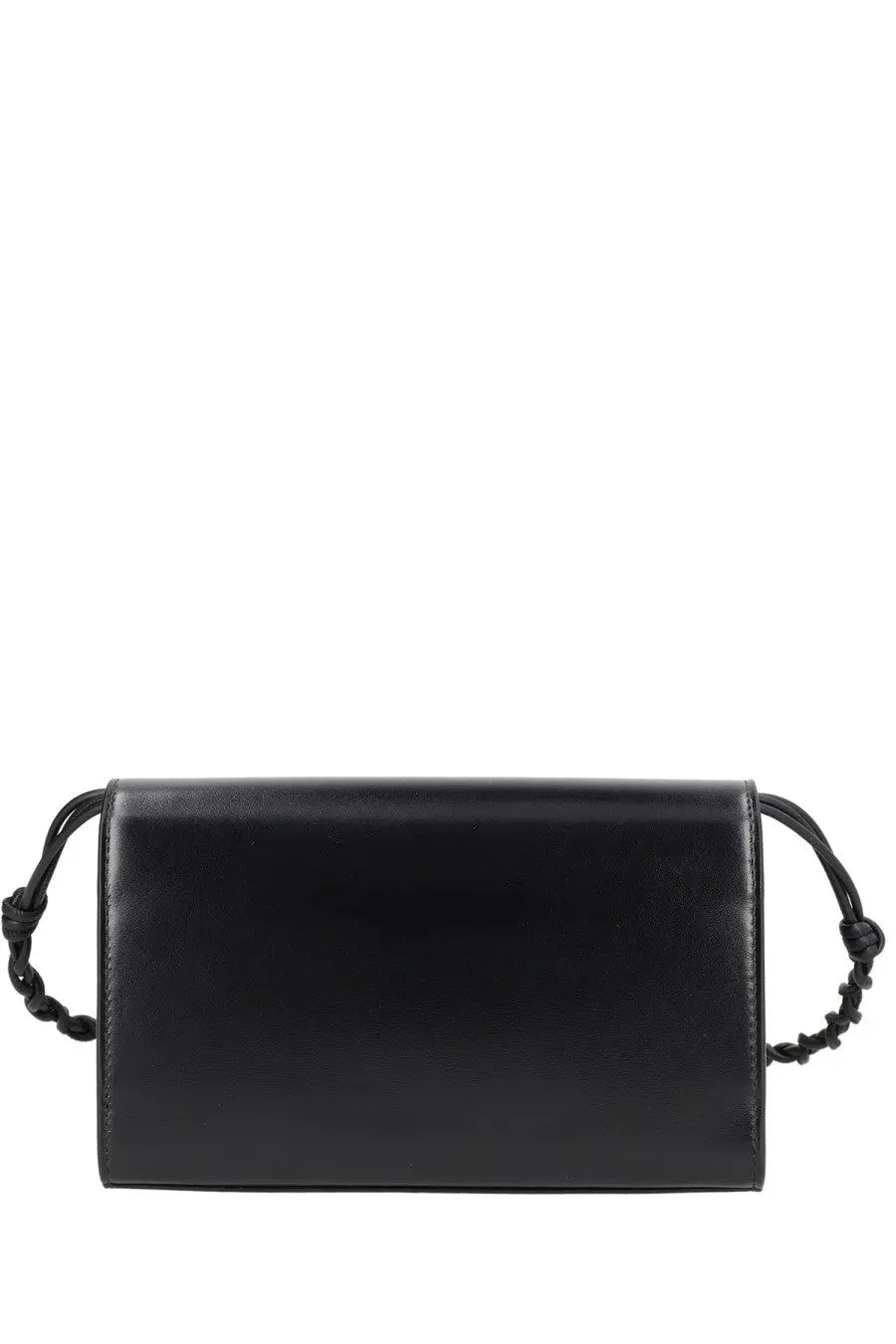 Jil Sander women’s tangle wallet black leather crossbody bag with braided cord strap visible from the front