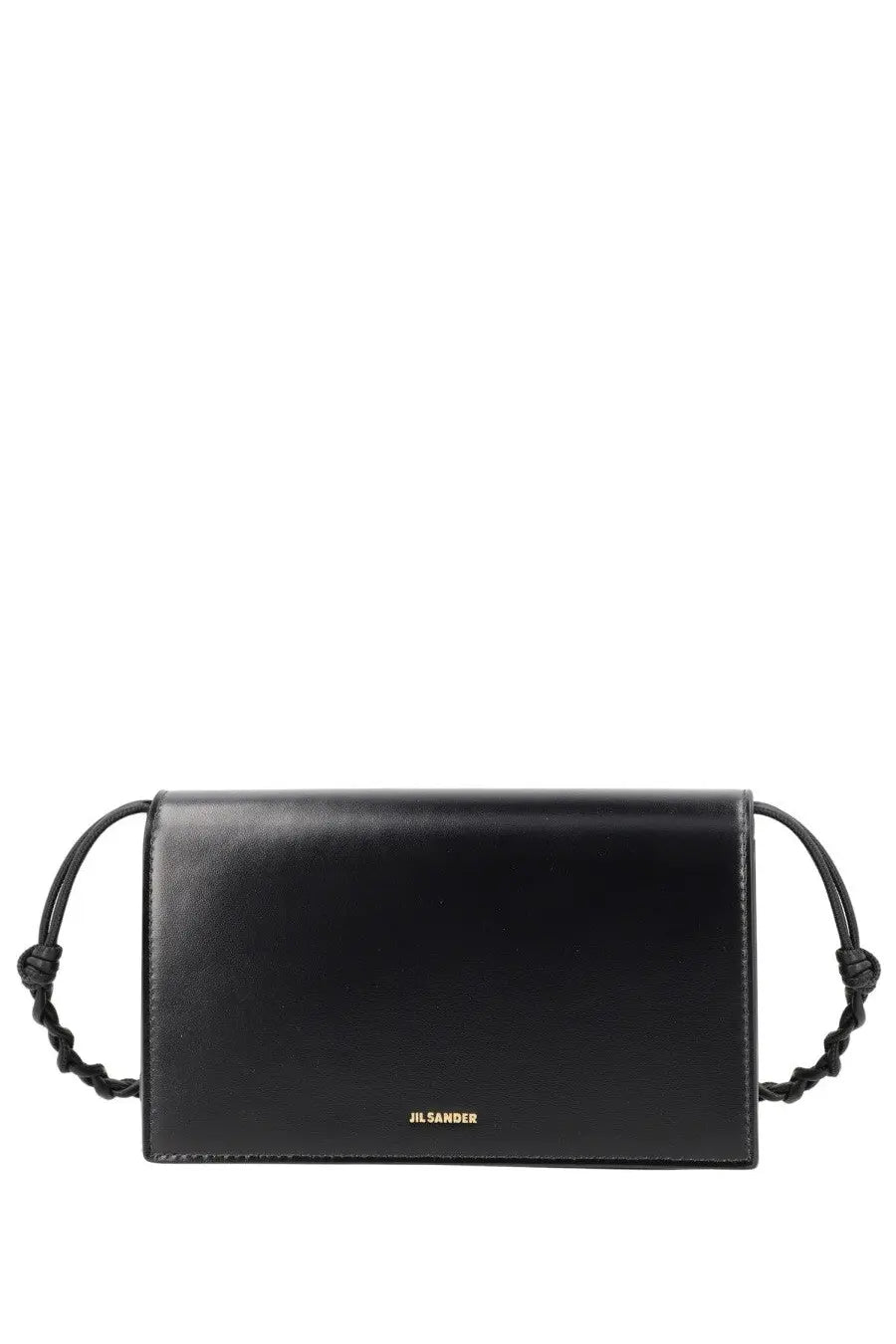 Jil sander women’s tangle wallet black leather crossbody bag with braided strap and gold-tone logo at bottom center