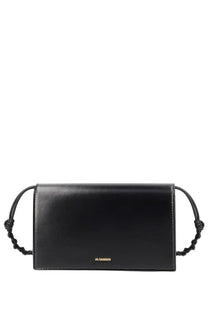 Jil sander women’s tangle wallet black leather crossbody bag with braided strap and gold-tone logo at bottom center