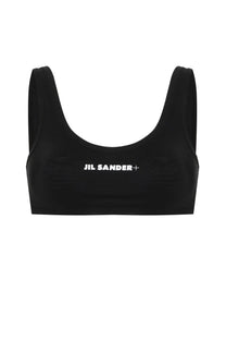 Black jil sander women’s top bikini bra with white logo across the front in a sleek sporty design