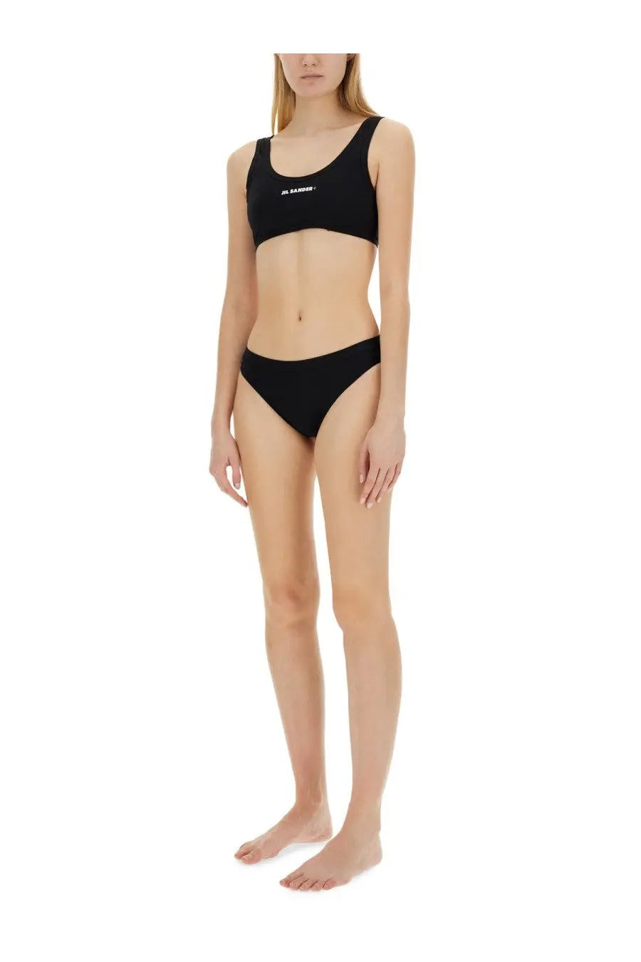 Jil Sander women’s black two-piece swimsuit with minimalist design and embroidered logo on the top