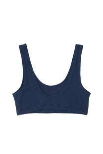 Navy blue seamless sports bra by Jil Sander with wide shoulder straps and rounded neckline for active wear