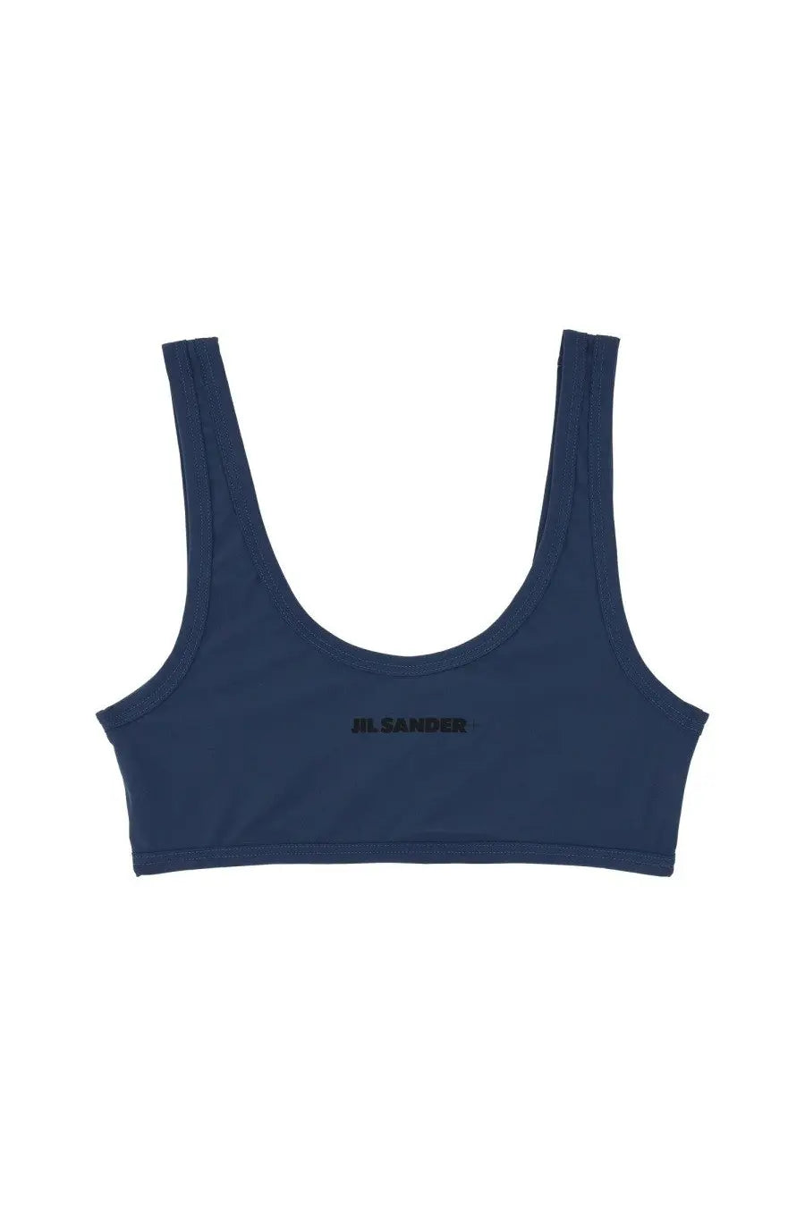 Navy blue jil sander sports bra with black embroidered logo for women ideal for active and casual wear