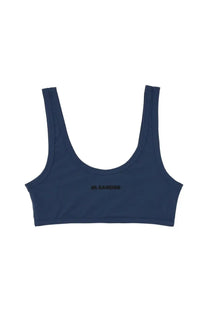 Navy blue jil sander sports bra with black embroidered logo for women ideal for active and casual wear