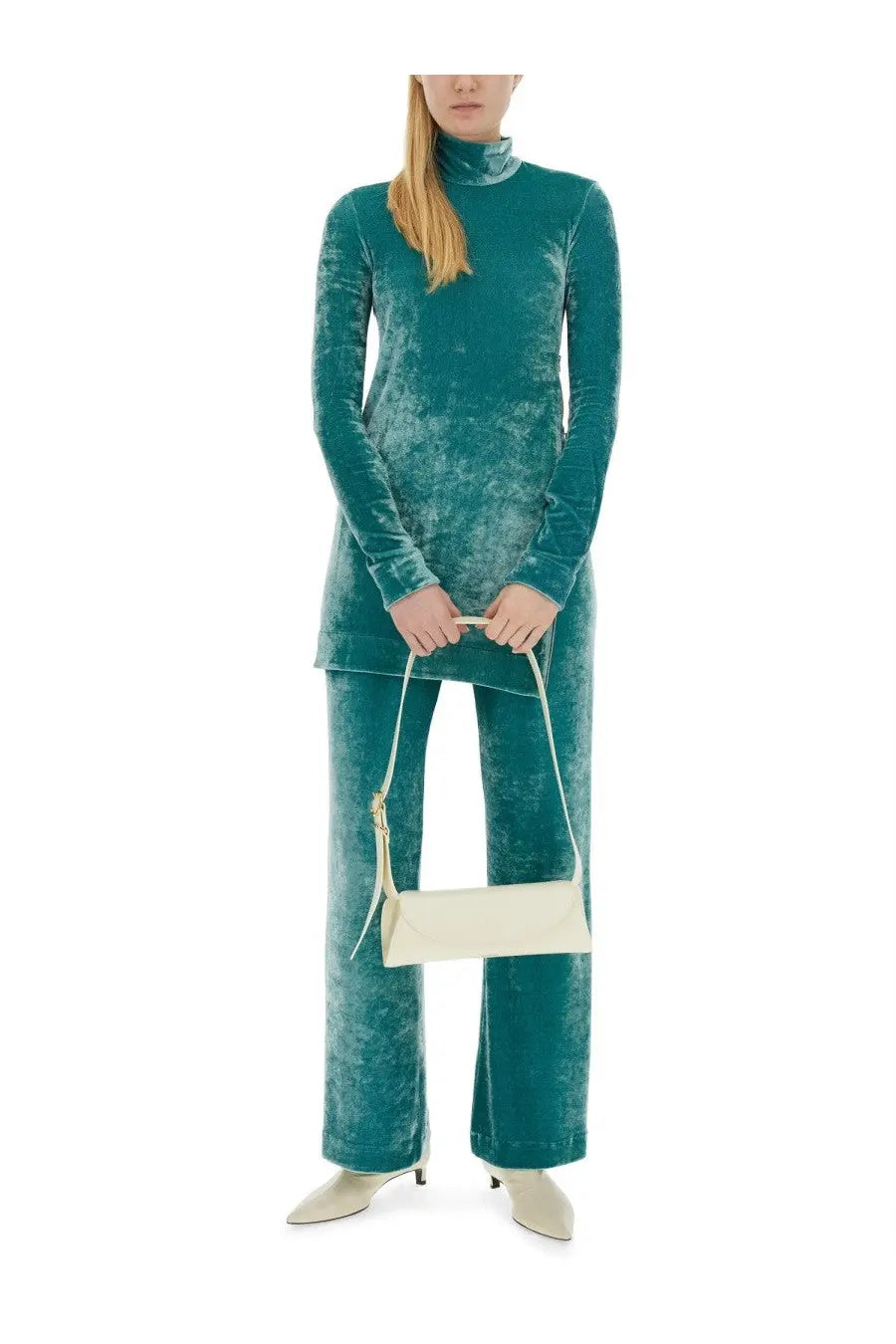 Teal velvet turtleneck and wide-leg pants set featuring jil sander women’s wide leg pants in blue