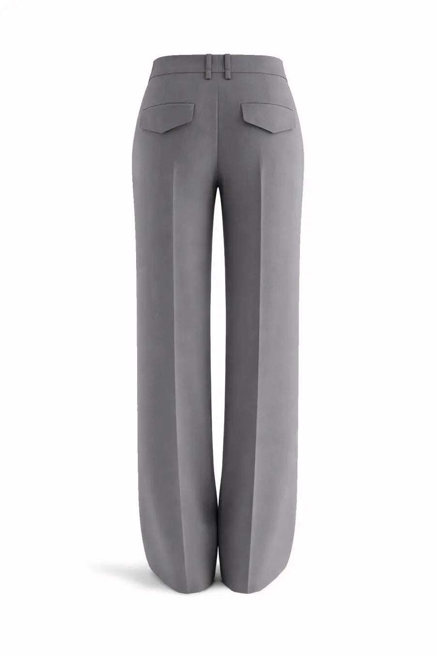 Gray wide-leg wool gabardine pants by jil sander showing tailored fit and two back pockets from the back side