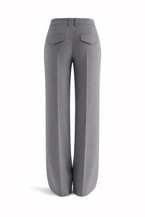 Gray wide-leg wool gabardine pants by jil sander showing tailored fit and two back pockets from the back side