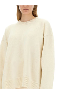 Jil Sander women’s wool sweater white in cream color with oversized knit and ribbed cuffs and hem
