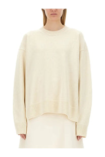 Cream-colored oversized wool sweater with ribbed cuffs and hem from Jil Sander womens collection white