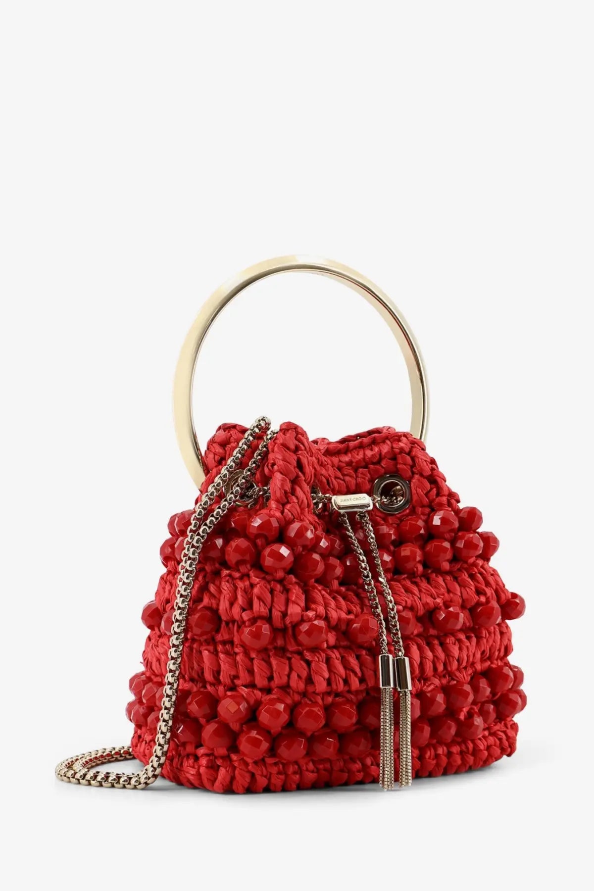 Jimmy Choo women’s bon bon raffia bucket bag in vibrant red with glossy beaded embellishments and gold-tone handle
