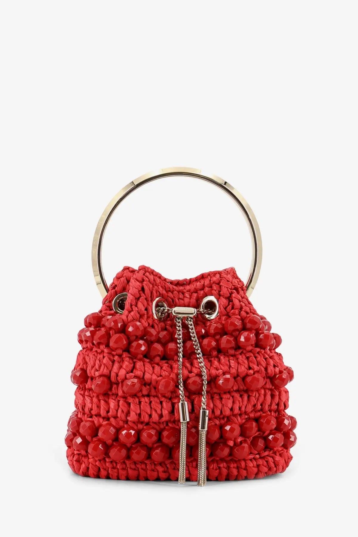 Jimmy Choo women’s bon bon raffia bucket bag in vibrant red crochet with glossy beads and gold circular handle