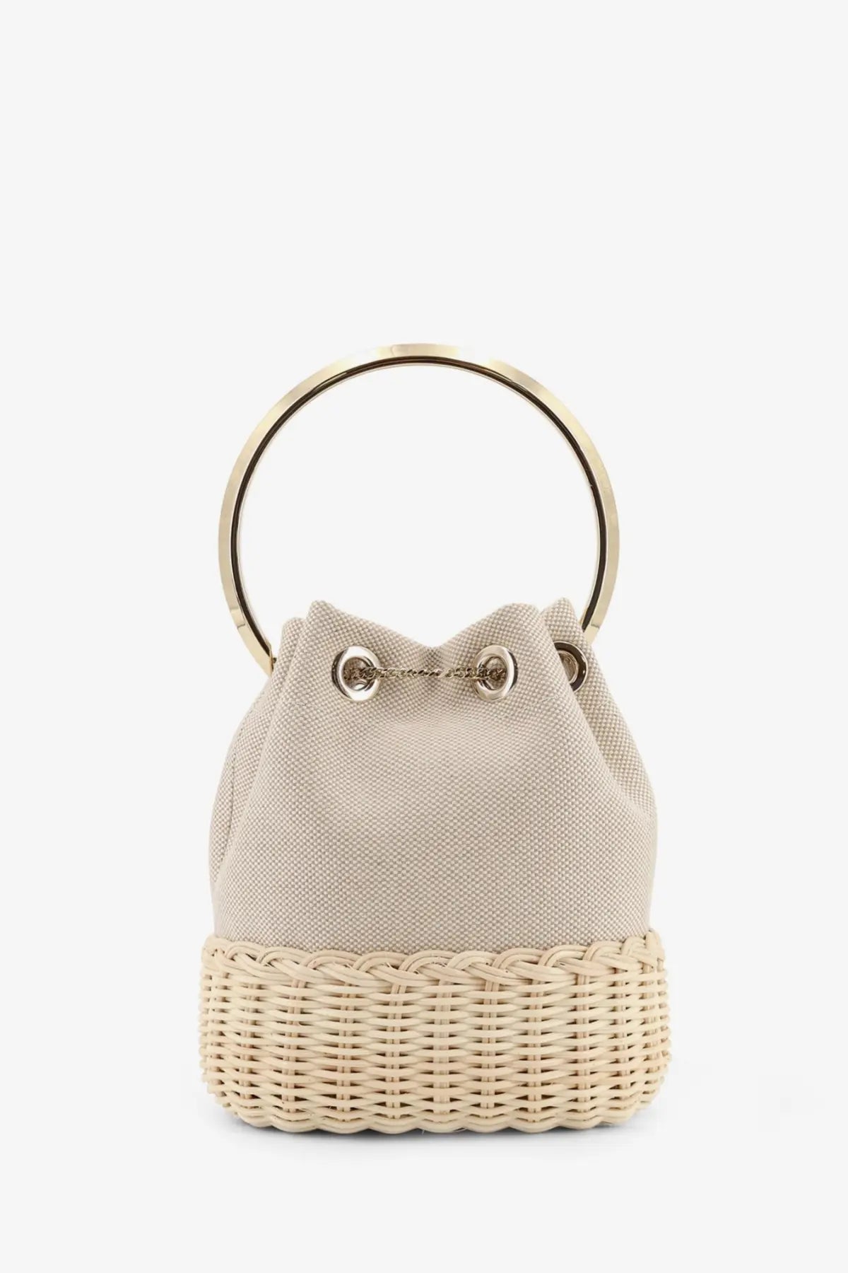 Jimmy Choo women’s beige woven raffia and canvas bucket bag with gold-toned circular handle and braided wicker base