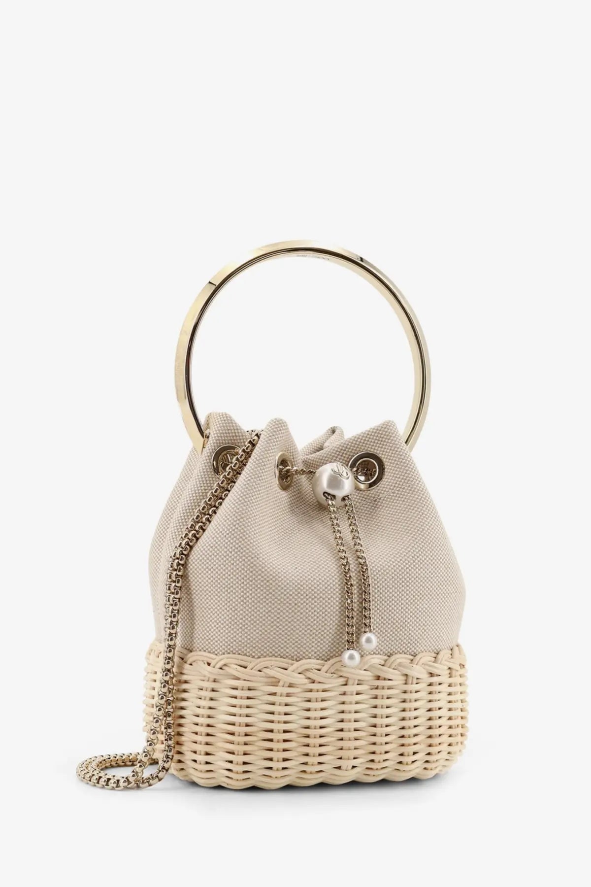 Beige jimmy choo bon bon raffia and canvas bucket bag with gold circular handle and pearl drawstring closure