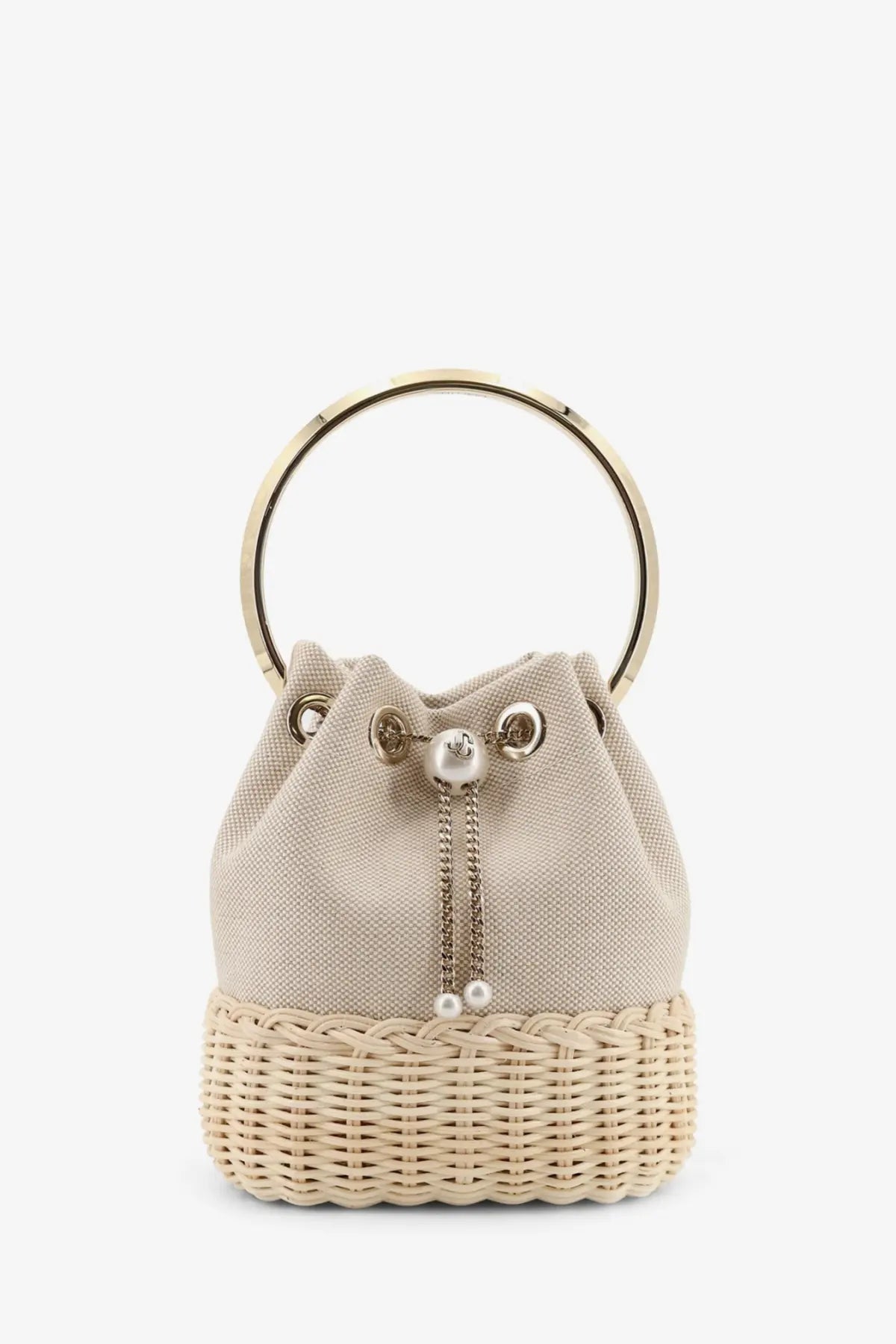 Jimmy Choo women’s beige canvas and woven wicker bucket bag with gold-tone handle and pearl drawstring closure