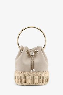 Jimmy Choo women’s beige canvas and woven wicker bucket bag with gold-tone handle and pearl drawstring closure