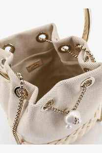 Jimmy Choo women’s beige canvas bucket bag with raffia gold-tone hardware and pearl accent multicolor design