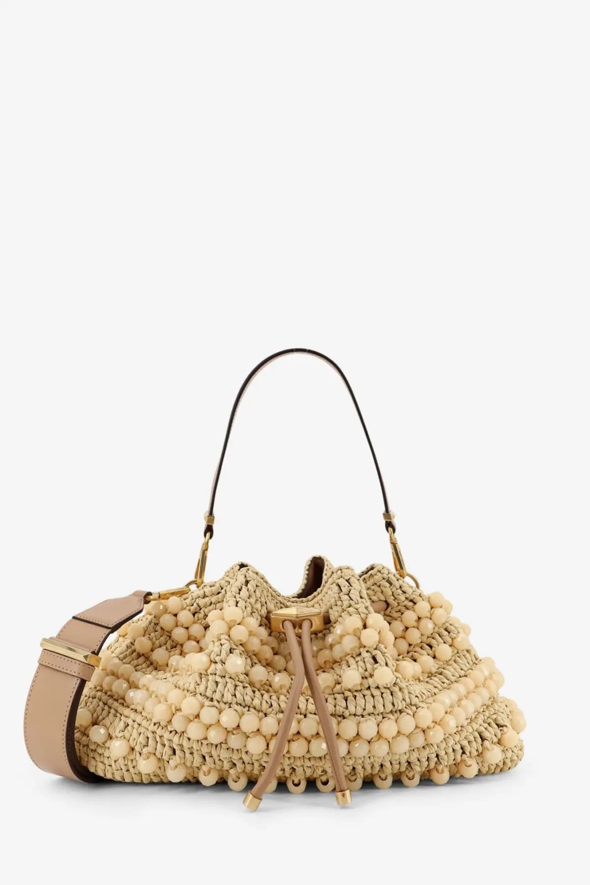Beige woven jimmy choo women’s bon bon rafia bag with crochet pattern pearl beads detachable tan leather strap and gold hardware
